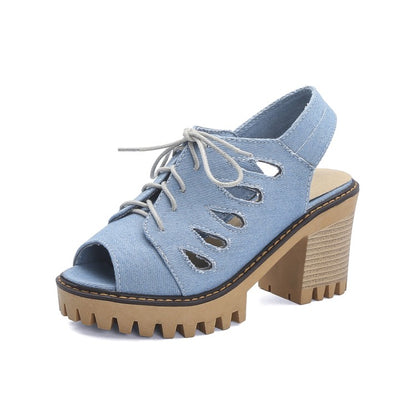 Women's's Denim Peep Toe Chunky Heel Platform Sandals