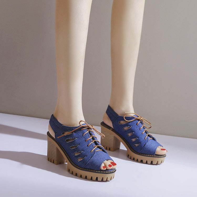Women's's Denim Peep Toe Chunky Heel Platform Sandals