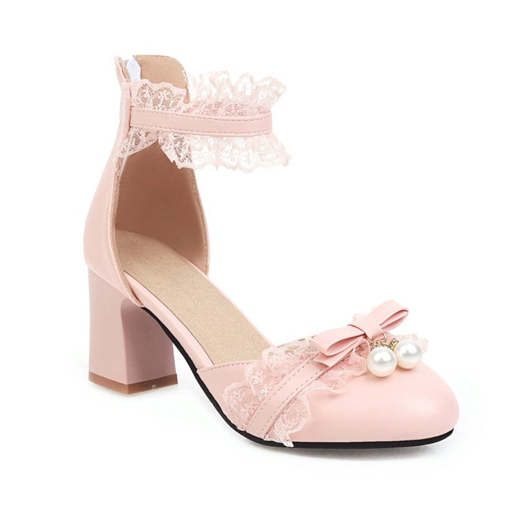 Women's Lace Butterfly Knot Pearls Ankle Strap Chunky Heel Block Heel Sandals