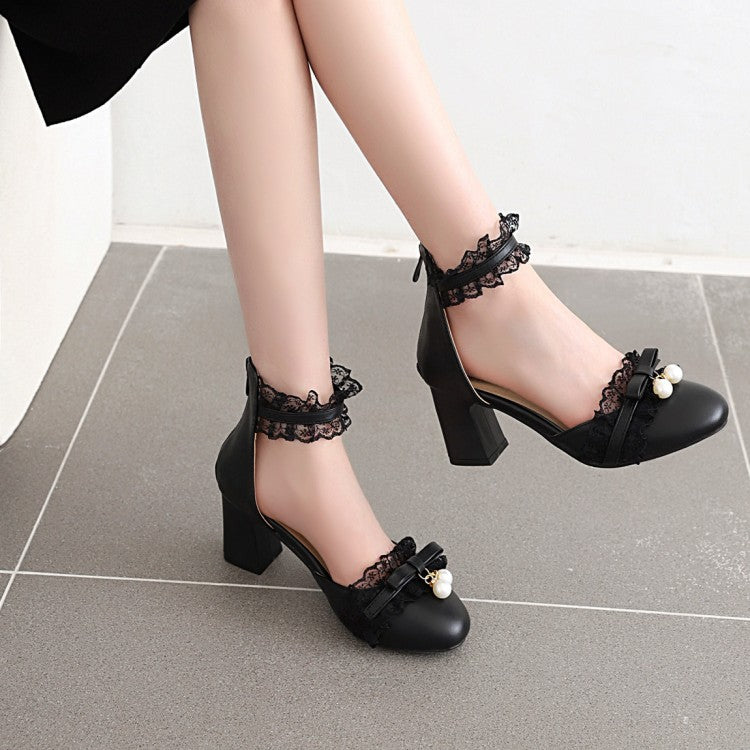 Women's Lace Butterfly Knot Pearls Ankle Strap Chunky Heel Block Heel Sandals