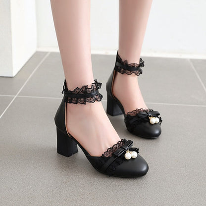 Women's Lace Butterfly Knot Pearls Ankle Strap Chunky Heel Block Heel Sandals