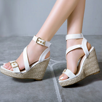 Women's Strap Buckle Woven Wedge Heel Platform Sandals