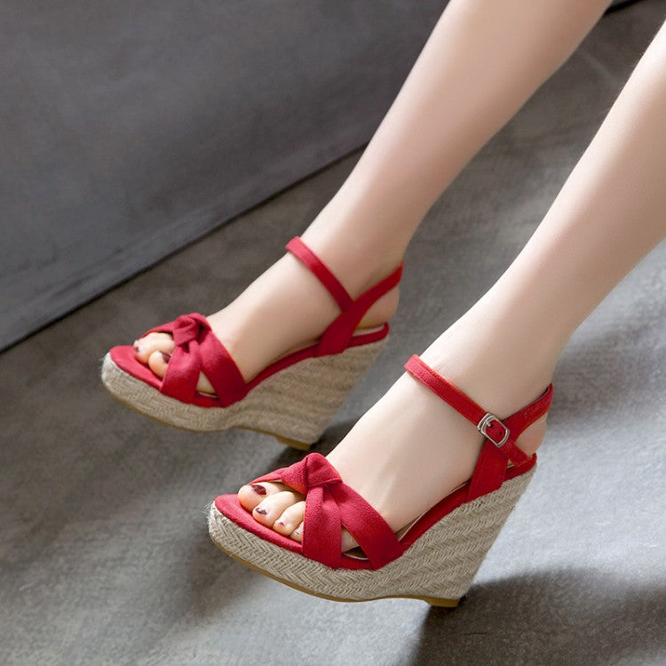 Women's Suede Knot Ankle Strap Woven Wedge Heel Platform Sandals