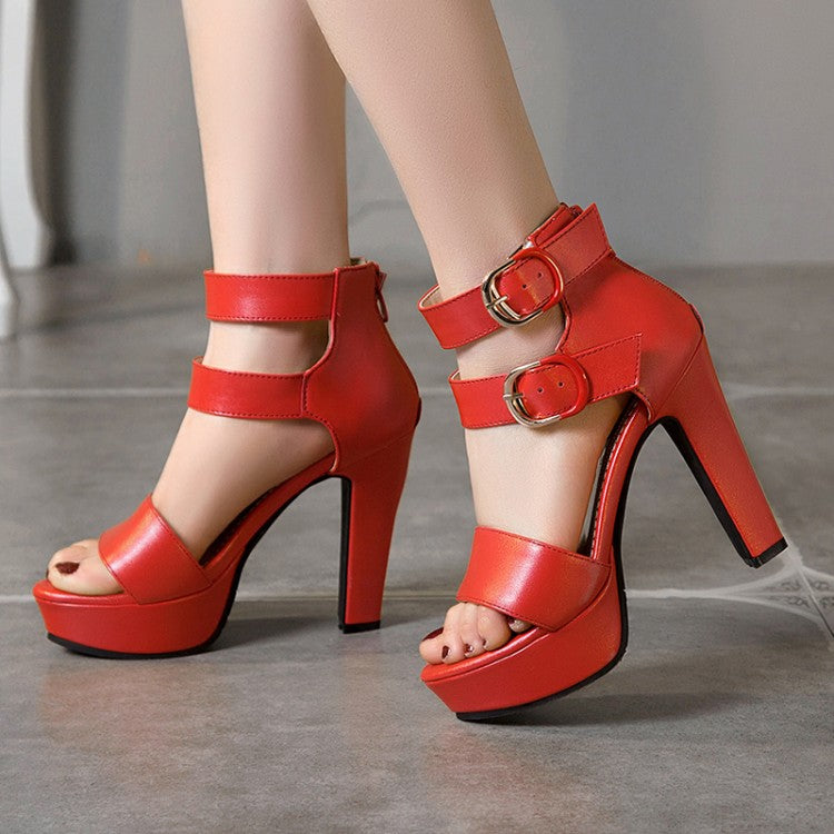 Women's Solid Color Double Ankle Strap Platform Chunky Heel Sandals