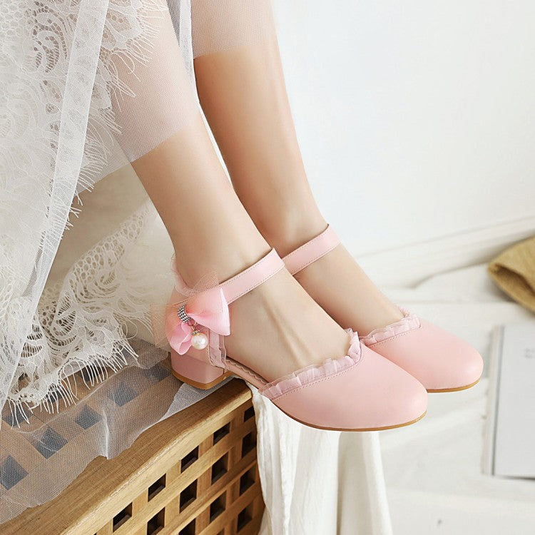 Women's Lolita Lace Round Toe Pearls Ankle Strap Block Heel Low Heels Sandals