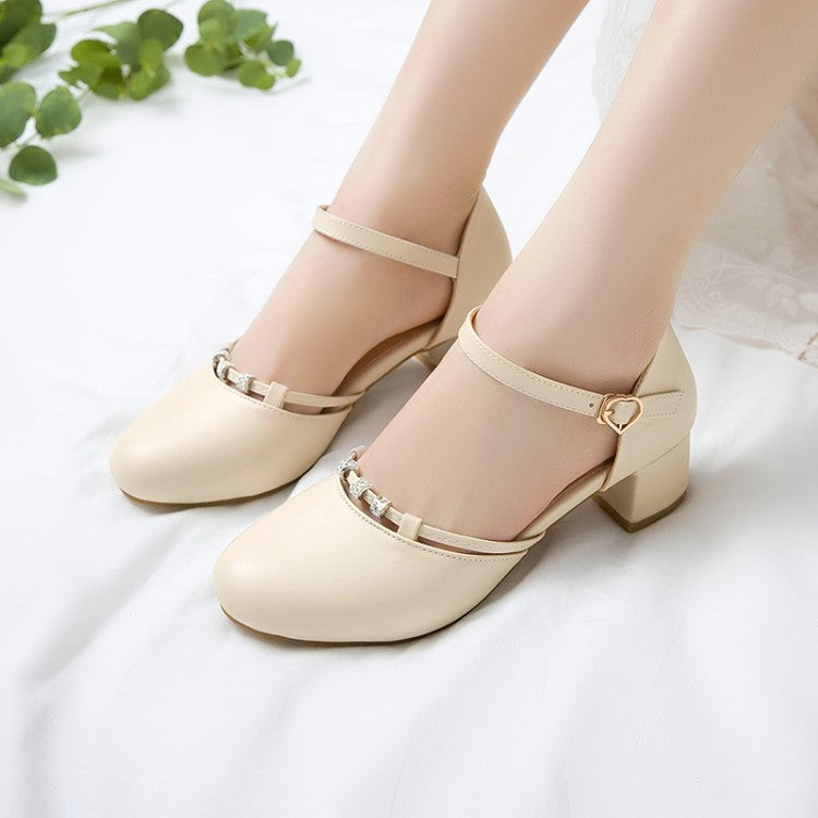 Women's Solid Color Round Toe Rhinestone Ankle Strap Block Heel Sandals