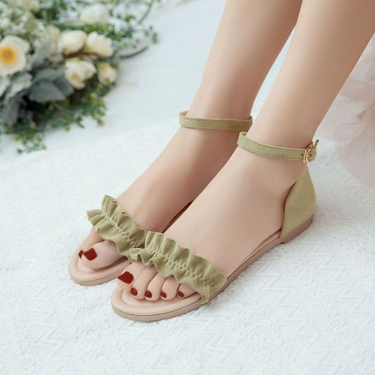Women's Solid Color Suede Lacing Ankle Strap Flat Sandals