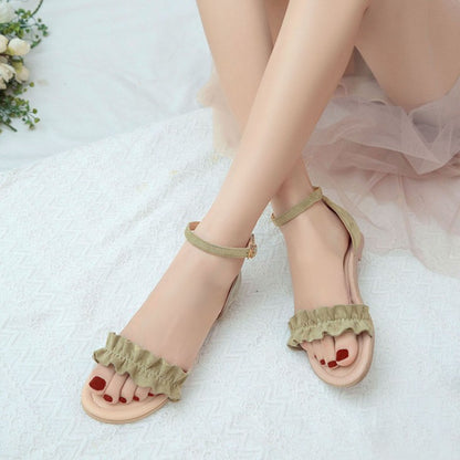 Women's Solid Color Suede Lacing Ankle Strap Flat Sandals