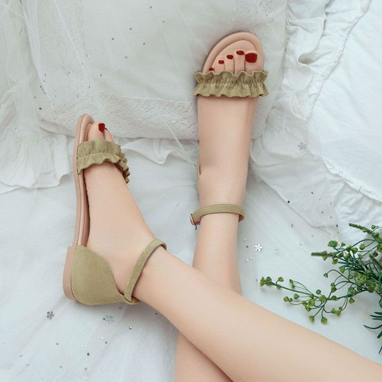 Women's Solid Color Suede Lacing Ankle Strap Flat Sandals