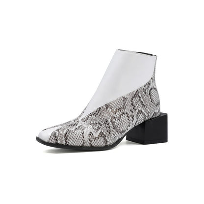 Women's Snake Printed Patchwork Block Chunky Heel Short Boots