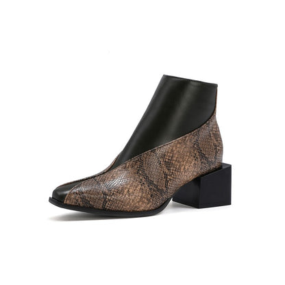 Women's Snake Printed Patchwork Block Chunky Heel Short Boots