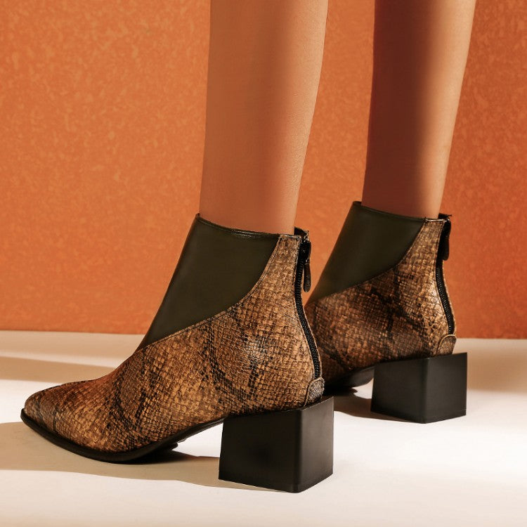 Women's Snake Printed Patchwork Block Chunky Heel Short Boots