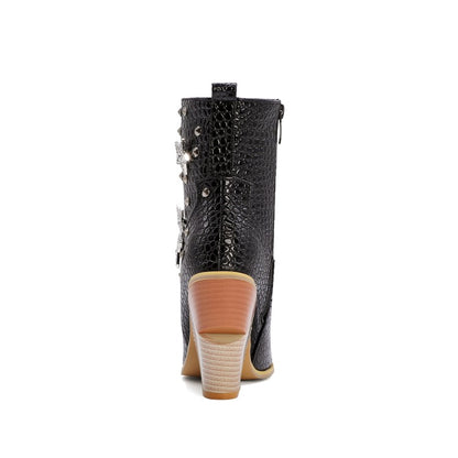 Women's Crocodile Pattern Pointed Toe Stars Rivets Block Chunky Heel Short Boots