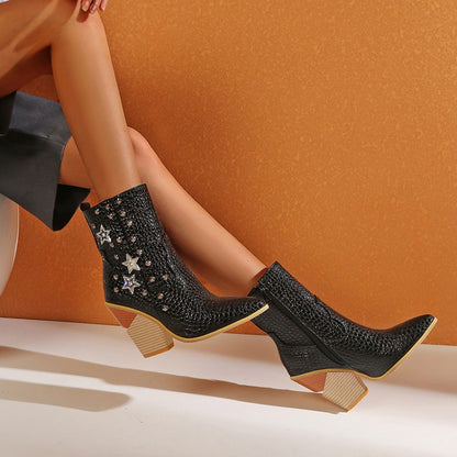 Women's Crocodile Pattern Pointed Toe Stars Rivets Block Chunky Heel Short Boots