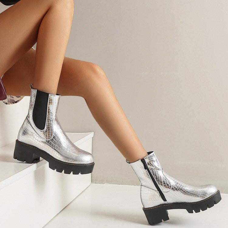 Women's Crocodile Pattern Side Zippers Platform Short Boots