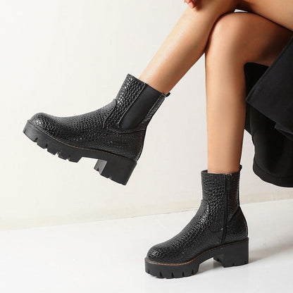 Women's Crocodile Pattern Side Zippers Platform Short Boots