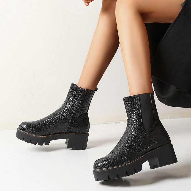 Women's Crocodile Pattern Side Zippers Platform Short Boots