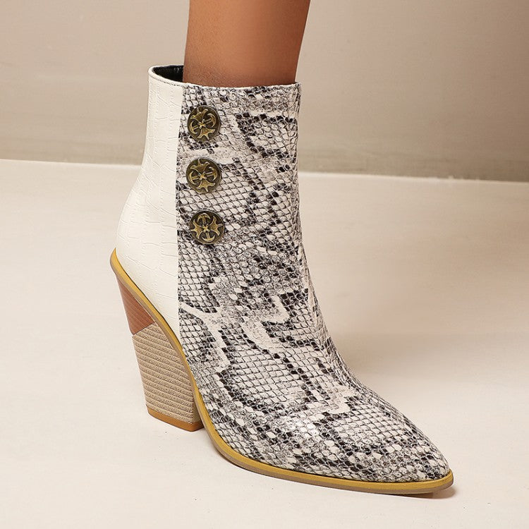 Women's Snake Crocodile Pattern Patchwork Buttons Block Heel Short Boots
