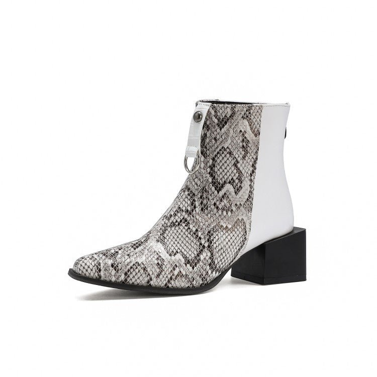 Women's Bicolor Snake Printed Pointed Toe Block Chunky Heel Short Boots