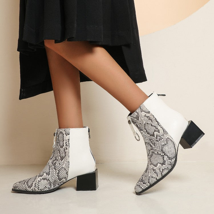 Women's Bicolor Snake Printed Pointed Toe Block Chunky Heel Short Boots