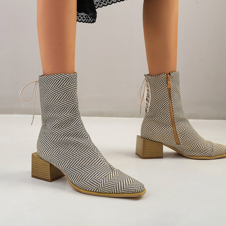 Women's Crocodile Pattern Side Zippers Back Lace Up Block Heel Short Boots
