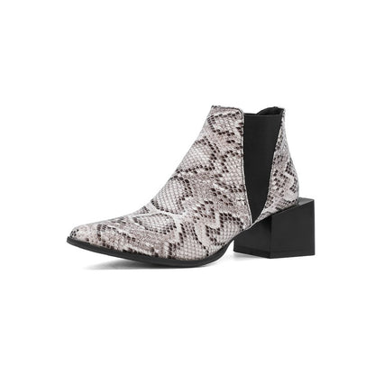 Women's Snake Printed Elastic Band Block Heel Short Boots