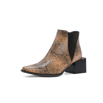 Women's Snake Printed Elastic Band Block Heel Short Boots