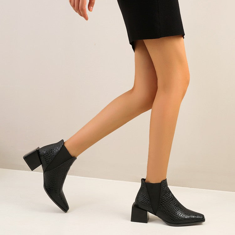 Women's Snake Printed Elastic Band Block Heel Short Boots