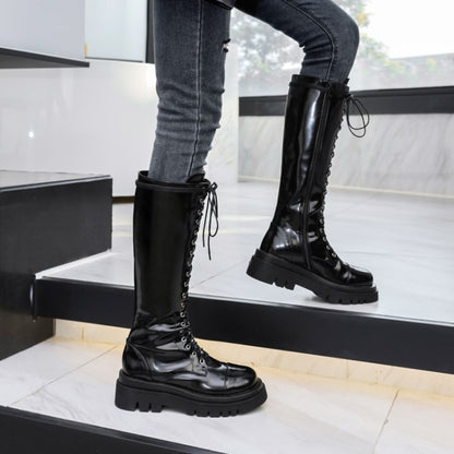 Women's Pu Leather Lace Up Side Zippers Knee High Boots