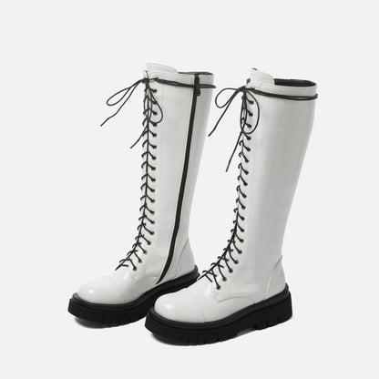 Women's Pu Leather Lace Up Side Zippers Knee High Boots