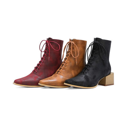 Women's Lace Up Side Zippers Block Heel Short Boots