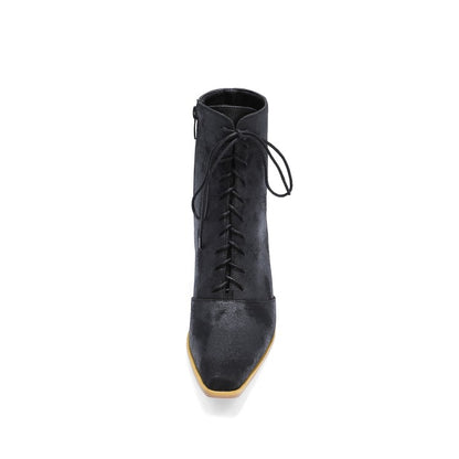 Women's Lace Up Side Zippers Block Heel Short Boots