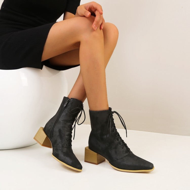 Women's Lace Up Side Zippers Block Heel Short Boots