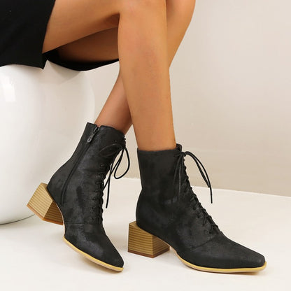 Women's Lace Up Side Zippers Block Heel Short Boots