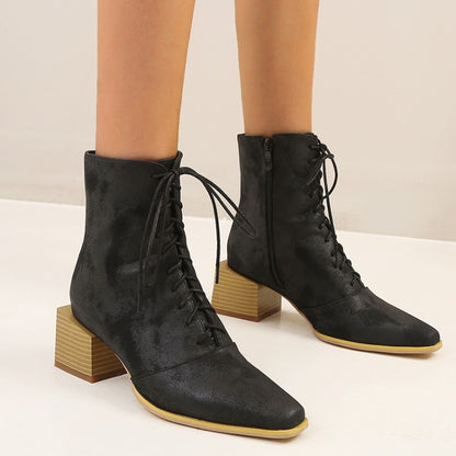 Women's Lace Up Side Zippers Block Heel Short Boots