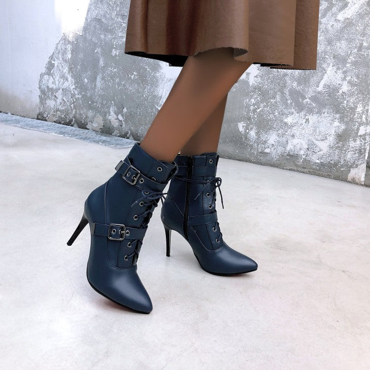 Pointed Toe Buckle Lace Up Women's High Heel Short Boots