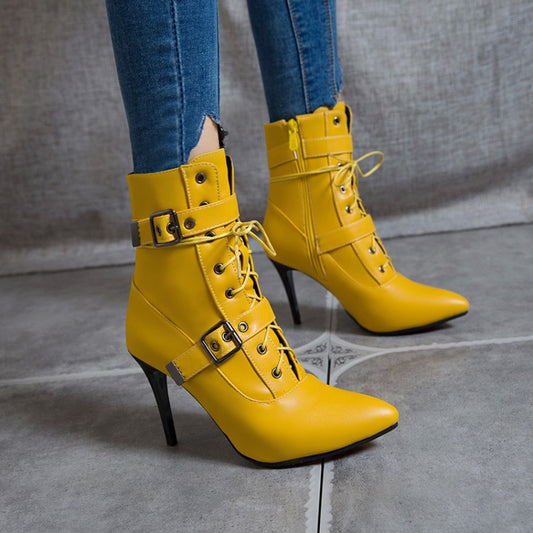 Pointed Toe Buckle Lace Up Women's High Heel Short Boots