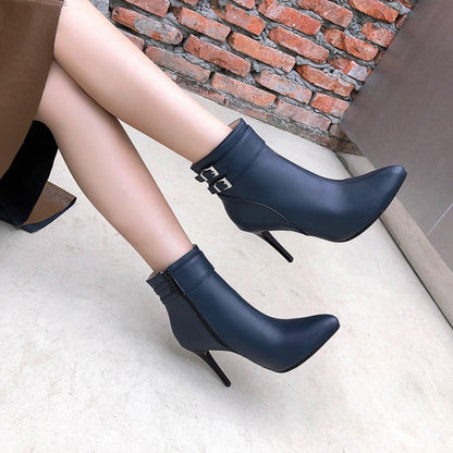 Pointed Toe Buckle Women's High Heel Short Boots