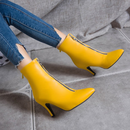 Women's Pointed Toe Zipper High Heel Short Boots