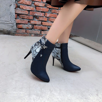 Women's Pointed Toe Snake-print High Heel Short Boots