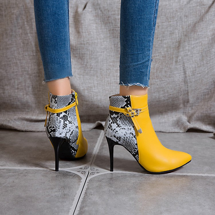 Women's Pointed Toe Snake-print High Heel Short Boots