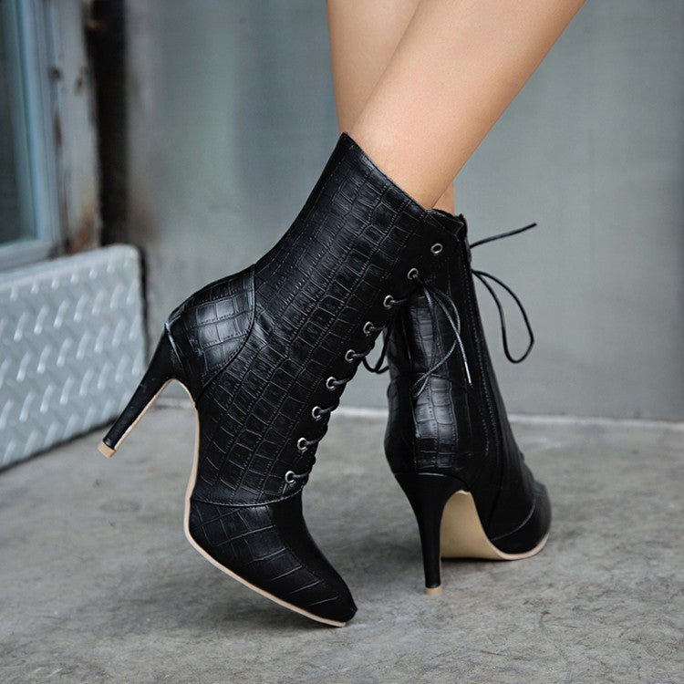 Women's Pointed Toe Lace Up High Heel Short Boots