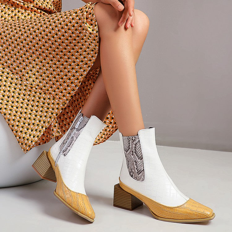 Women's Pattern Pu Leather Patchwork Pointed Toe Block Heel Short Boots