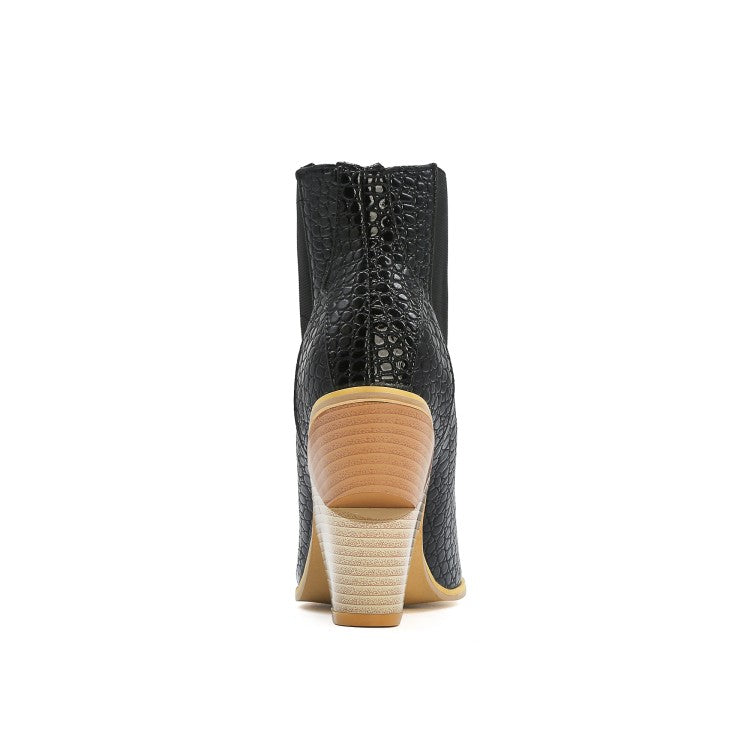 Women's Snake Crocodile Pattern Pointed Toe Elastic Band Block Heel Short Boots