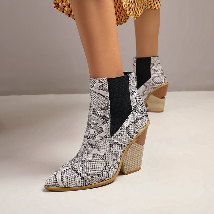 Women's Snake Crocodile Pattern Pointed Toe Elastic Band Block Heel Short Boots