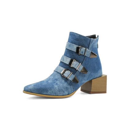 Women's Denim Tie Dye Buckles Block Heel Short Boots