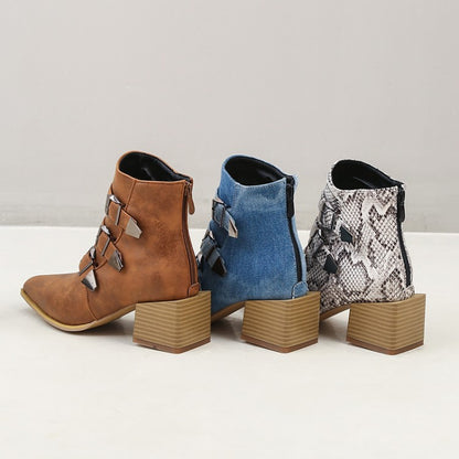 Women's Denim Tie Dye Buckles Block Heel Short Boots