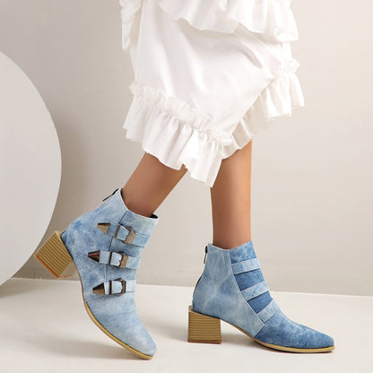 Women's Denim Tie Dye Buckles Block Heel Short Boots