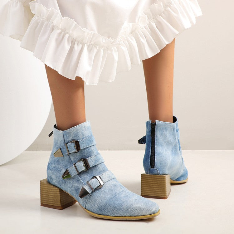 Women's Denim Tie Dye Buckles Block Heel Short Boots