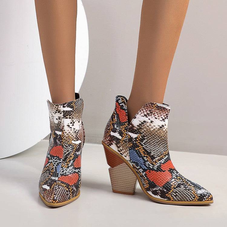 Women's Crocodile Pattern Pointed Toe Chunky Heel Short Boots